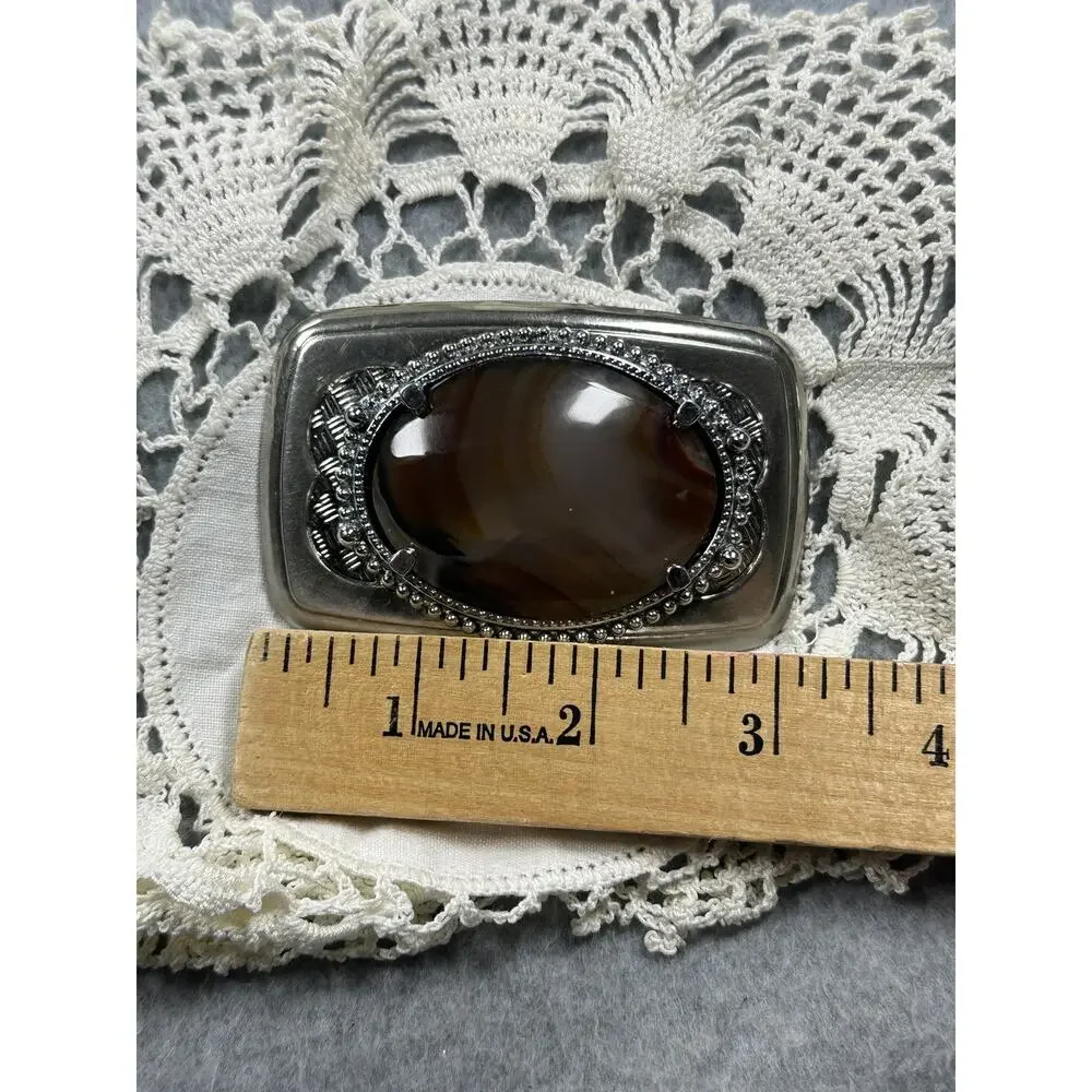 Belt Buckle Oval Brown Agate Silver Tone Western
